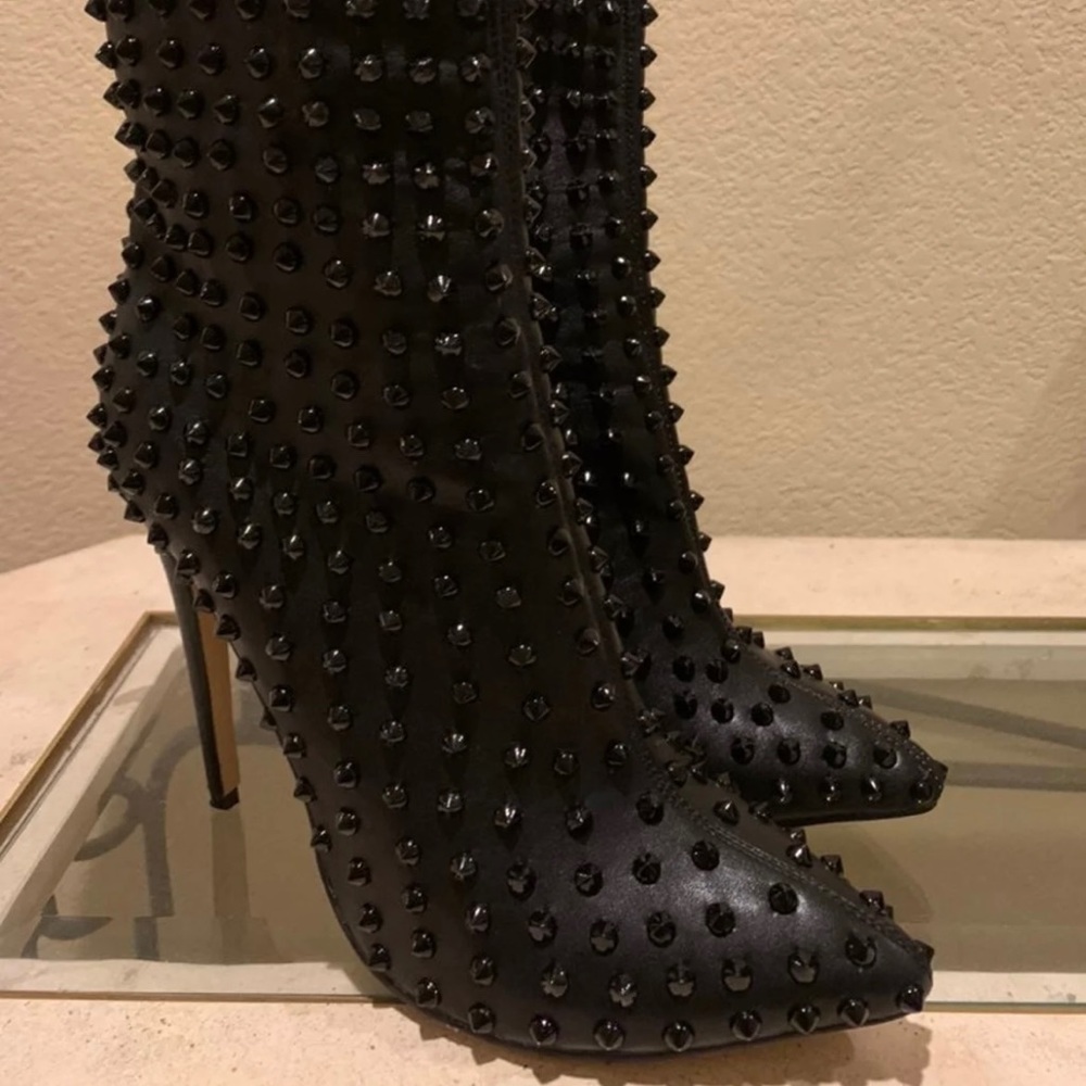 Studded Black Pointed Toe Stiletto Boots